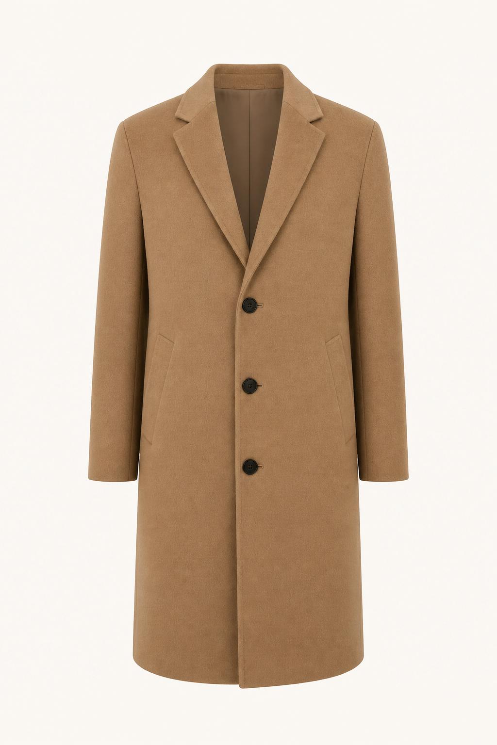 Cashmere Overcoat — Camel front view